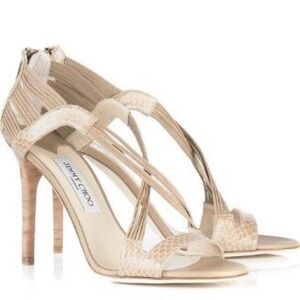 Jimmy Choo Elaphe Strappy Snakeskin Leather Wooden Heel Stiletto Heels Tan 38.5
